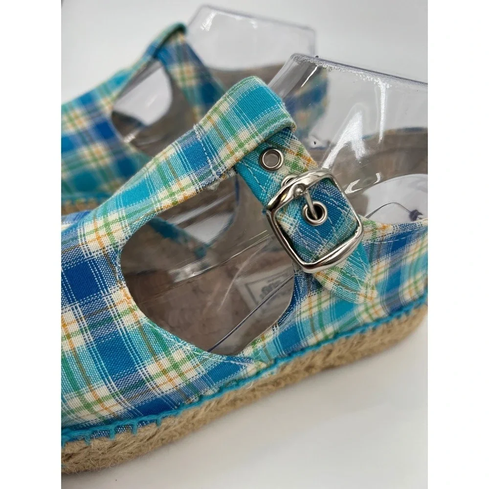 Andre Assous Plaid Espadrille T-Strap Platform Sandals Blue Green Womens 6